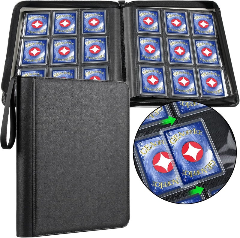 GEAoffice 9 Pockets Top Loader Binder for 324 Cards, Premium PU Leather Side Loading Trading Card Binder for Toploader, Ringless Card Collection Album Holder for 3"×4" Rigid, Black - Image 1